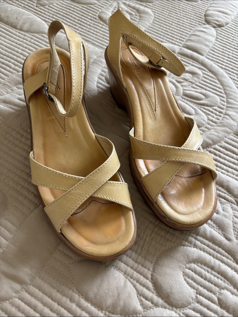 Dansko Cream Leather Wedge Sandals with Ankle Strap